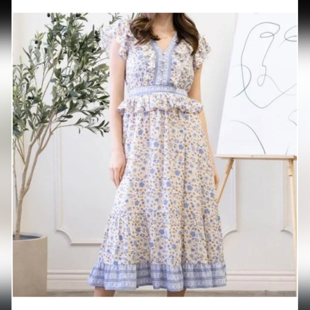 By The River Floral Blue and Cream Women's Dress